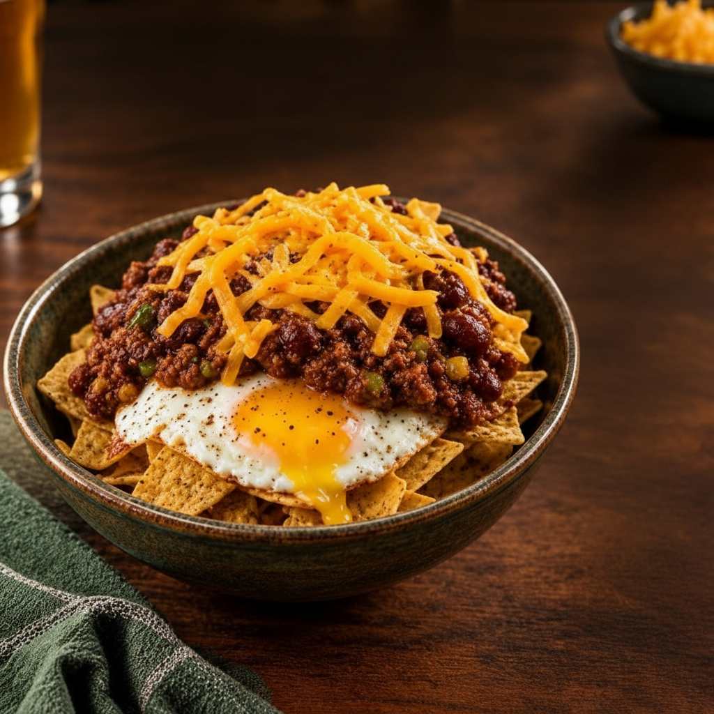 ProstTree Farms award-winning grass-fed beef chili served over crispy nachos with a fried egg over easy and shredded cheddar