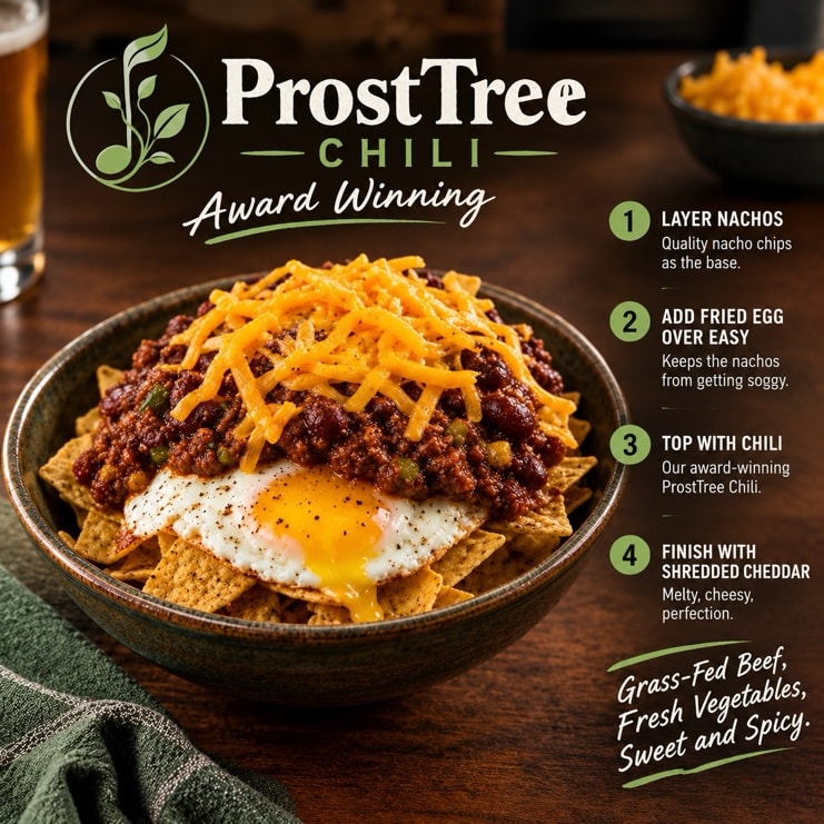 ProstTree Farms Chili served over crispy nachos topped with a fried egg over easy and shredded cheddar